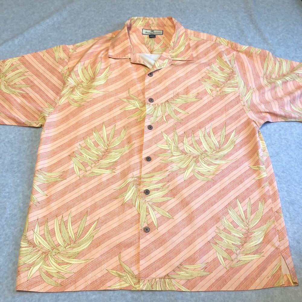 Tommy Bahama Shirt Mens Large Orange Palm Hawaiian Tropical Silk Camp Button Up